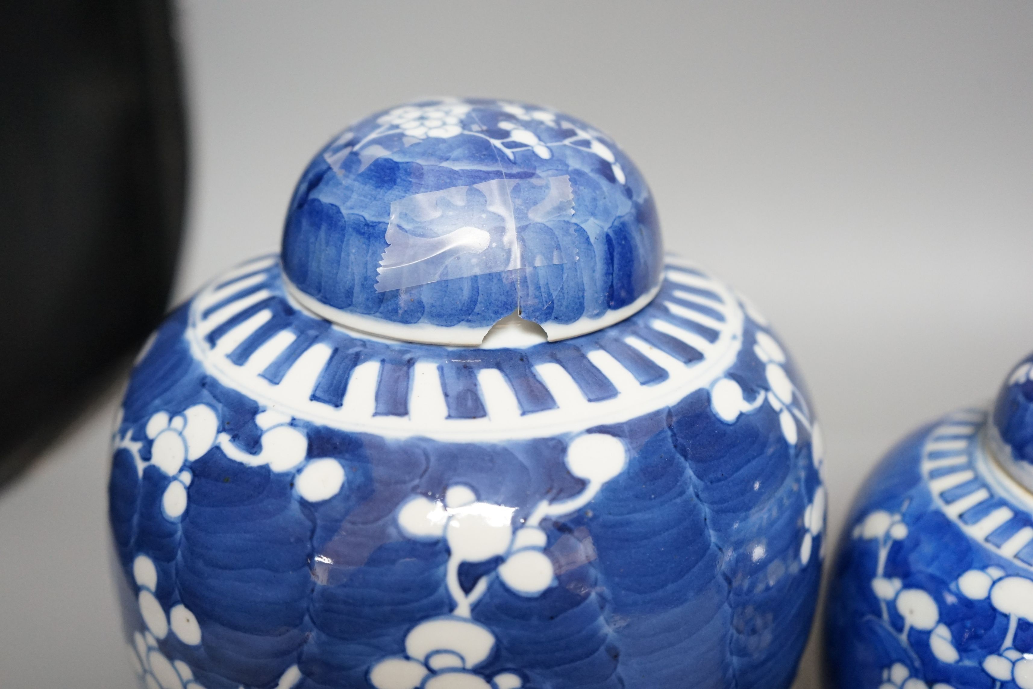 Three Chinese blue and white jars and covers, tallest 21cms high